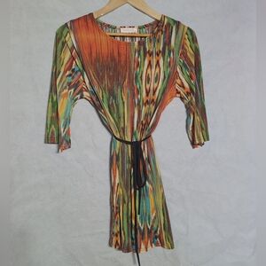 Good Luck Sz S/M Peacock Colorful Patterned Dress with Belt